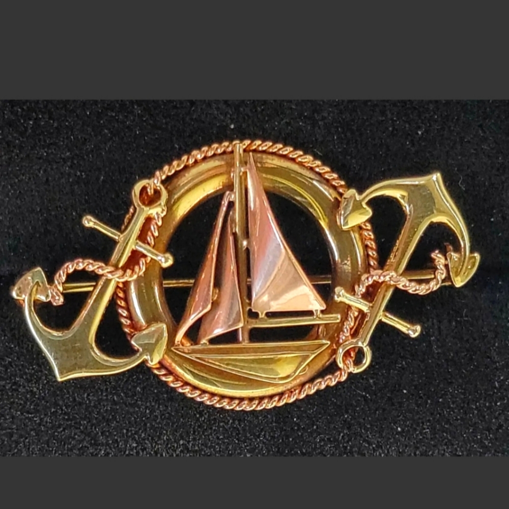Antique Art Nouveau 14k Gold Anchor Sailboat Brooch Estate Jewelry Sloan Co 4.5g